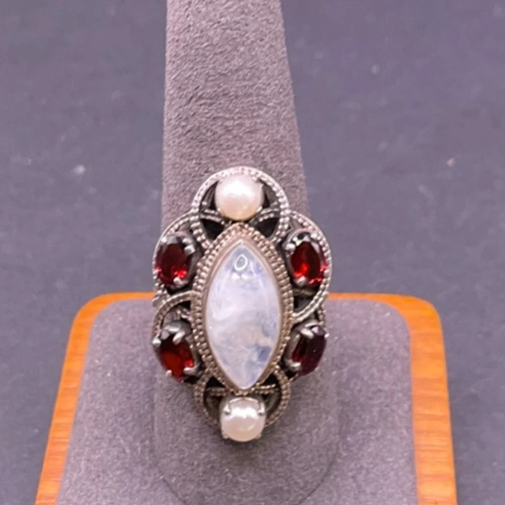 Vtg Nicky Butler Moonstone Garnet Sterling Silver 925 Bead Open Work Size 9 Ring